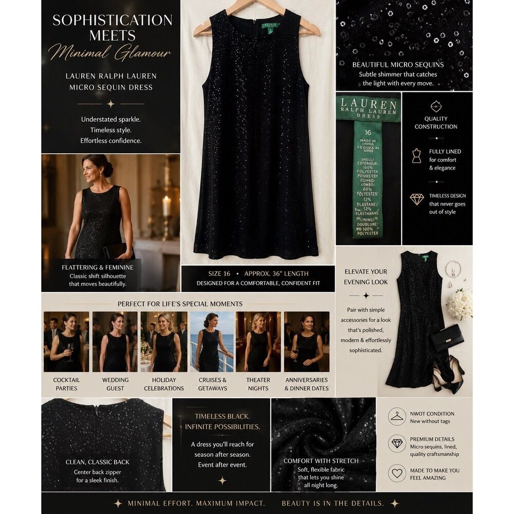 Lauren Ralph Lauren Sleeveless Black Sequin Overlay Shimmer Shift Dress Size 16